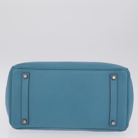 HERMES Birkin 35 Hand Bag Taurillon Leather Turquoise Blue Silver Auth LN221SM