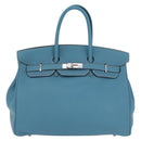 HERMES Birkin 35 Hand Bag Taurillon Leather Turquoise Blue Silver Auth LN221SM-13