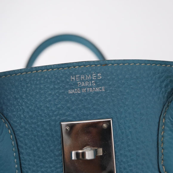 HERMES Birkin 35 Hand Bag Taurillon Leather Turquoise Blue Silver Auth LN221SM
