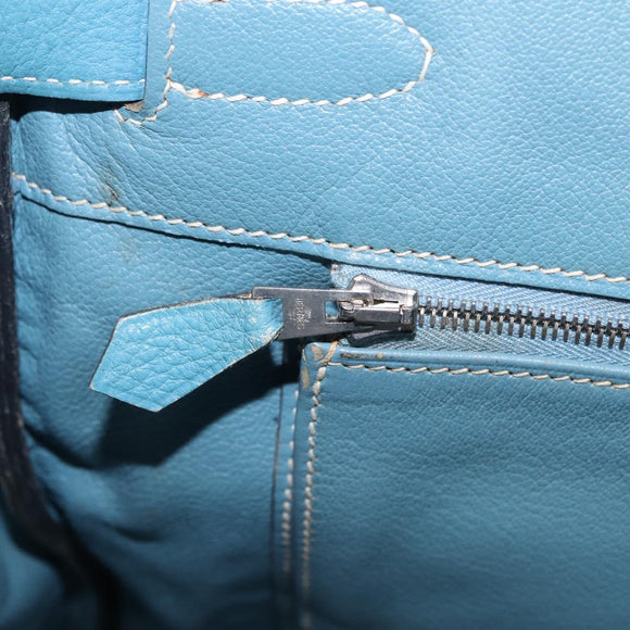 HERMES Birkin 35 Hand Bag Taurillon Leather Turquoise Blue Silver Auth LN221SM