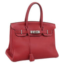 HERMES Star Mark Birkin 30 Hand Bag Taurillon Leather Red Silver Auth LN222SM-1