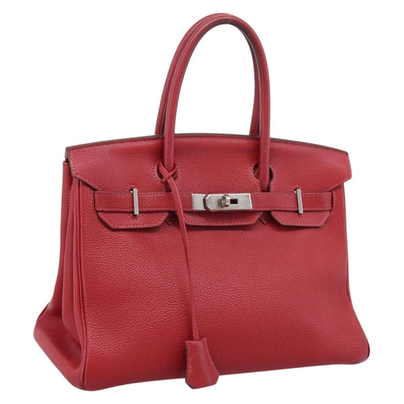 HERMES Star Mark Birkin 30 Hand Bag Taurillon Leather Red Silver Auth LN222SM