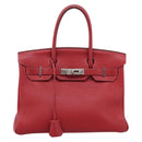 HERMES Star Mark Birkin 30 Hand Bag Taurillon Leather Red Silver Auth LN222SM-13
