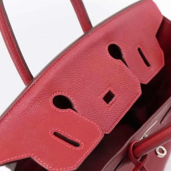 HERMES Star Mark Birkin 30 Hand Bag Taurillon Leather Red Silver Auth LN222SM