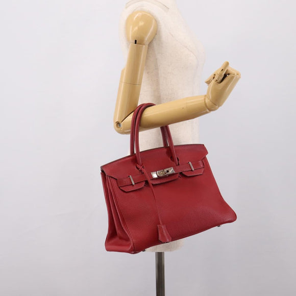 HERMES Star Mark Birkin 30 Hand Bag Taurillon Leather Red Silver Auth LN222SM