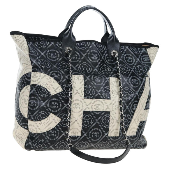 CHANEL Chain Shoulder Tote Bag PVC Canvas 2way Black Silver CC Auth LN223M