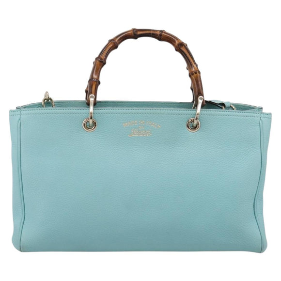 GUCCI Bamboo Hand Bag Leather 2way Light Blue Gold 323660 Auth LN229A