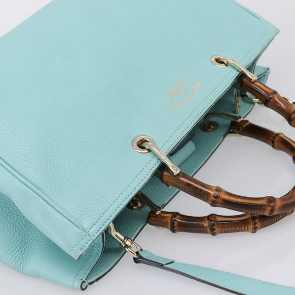 GUCCI Bamboo Hand Bag Leather 2way Light Blue Gold 323660 Auth LN229A