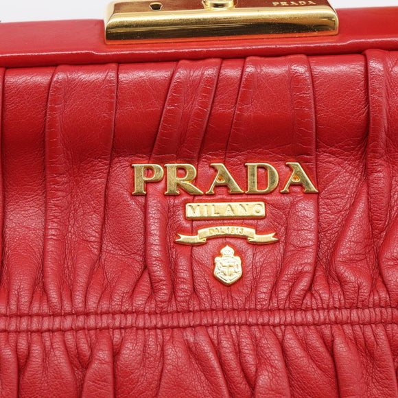 PRADA Gathered Hand Bag Leather Red Gold Auth LN233