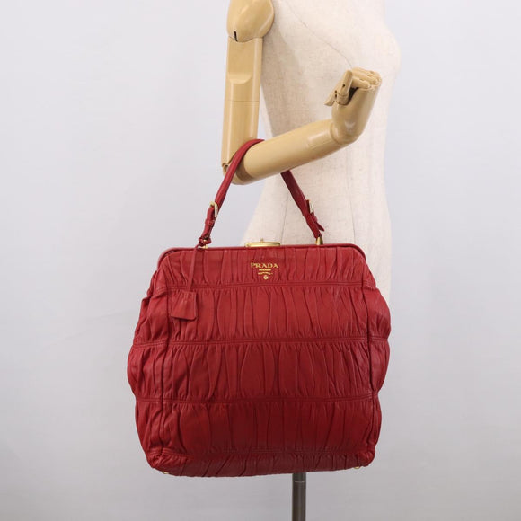 PRADA Gathered Hand Bag Leather Red Gold Auth LN233