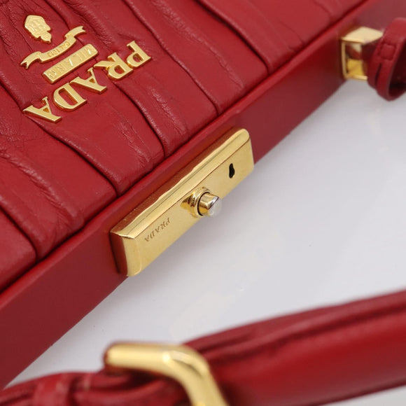 PRADA Gathered Hand Bag Leather Red Gold Auth LN233