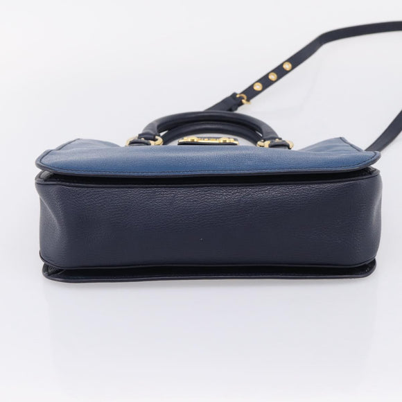 Miu Miu Madras Hand Bag Leather 2way Navy Gold Auth LN235