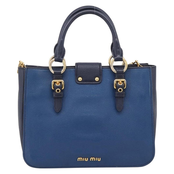Miu Miu Madras Hand Bag Leather 2way Navy Gold Auth LN235