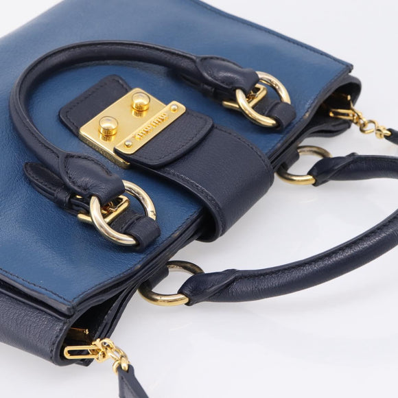 Miu Miu Madras Hand Bag Leather 2way Navy Gold Auth LN235