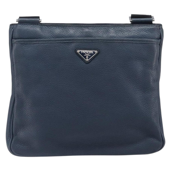 PRADA Shoulder Bag Vittero Dino Leather Navy Silver Auth LN240