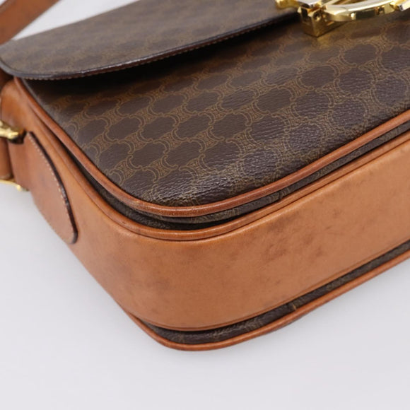 CELINE Macadam Canvas Shoulder Bag PVC Leather Brown Gold Auth LN246