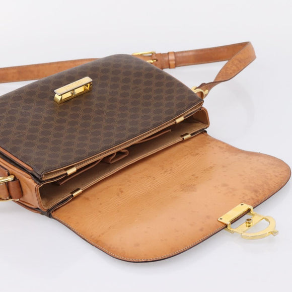 CELINE Macadam Canvas Shoulder Bag PVC Leather Brown Gold Auth LN246