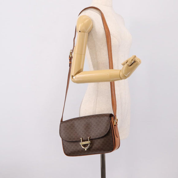 CELINE Macadam Canvas Shoulder Bag PVC Leather Brown Gold Auth LN246