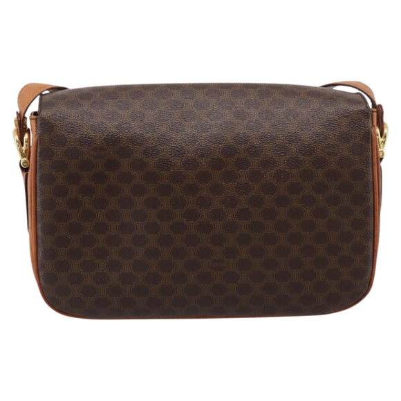CELINE Macadam Canvas Shoulder Bag PVC Leather Brown Gold Auth LN246