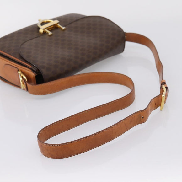 CELINE Macadam Canvas Shoulder Bag PVC Leather Brown Gold Auth LN246