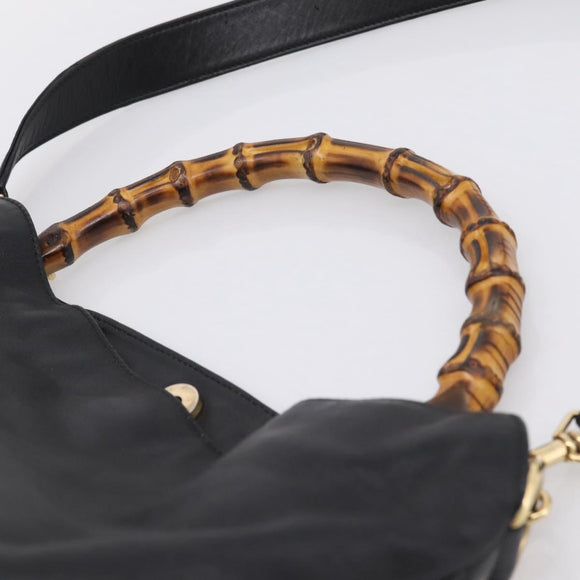 GUCCI Bamboo Hand Bag Leather 2way Black Gold 001 2058 1577 Auth LN249