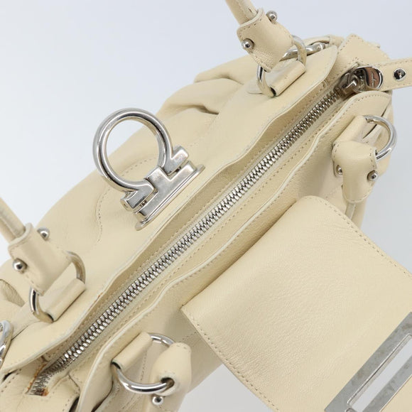 Salvatore Ferragamo Gancini Hand Bag Leather White Silver Auth LNZ008