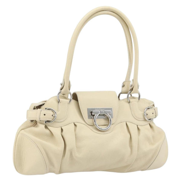 Salvatore Ferragamo Gancini Hand Bag Leather White Silver Auth LNZ008