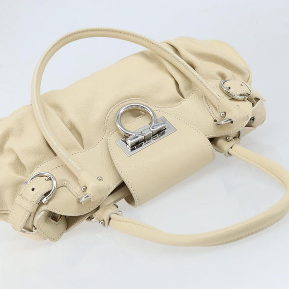 Salvatore Ferragamo Gancini Hand Bag Leather White Silver Auth LNZ008