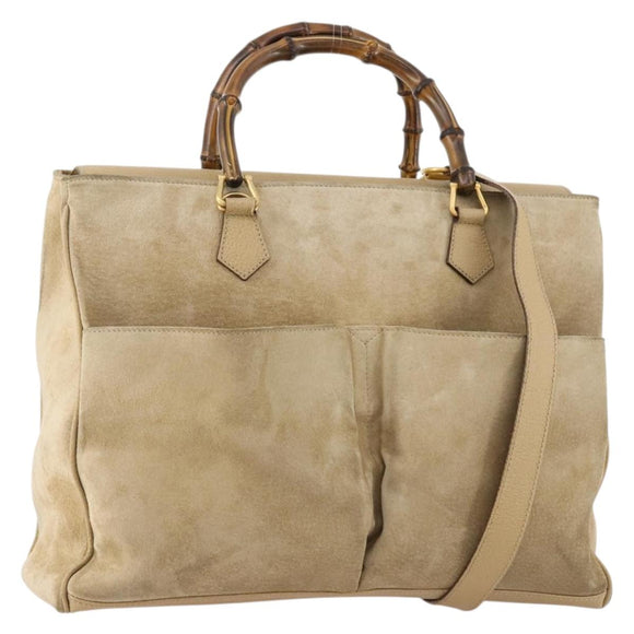 GUCCI Bamboo Hand Bag Suede 2way Beige Gold Auth LNZ043
