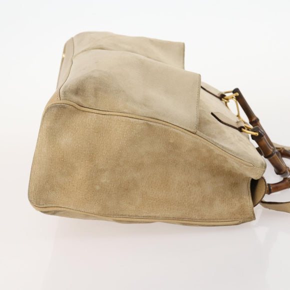 GUCCI Bamboo Hand Bag Suede 2way Beige Gold Auth LNZ043