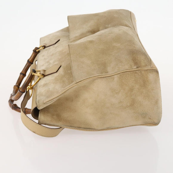 GUCCI Bamboo Hand Bag Suede 2way Beige Gold Auth LNZ043