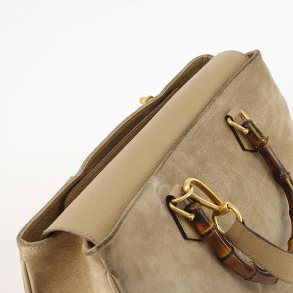 GUCCI Bamboo Hand Bag Suede 2way Beige Gold Auth LNZ043