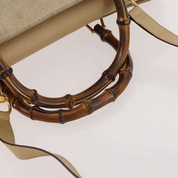 GUCCI Bamboo Hand Bag Suede 2way Beige Gold Auth LNZ043
