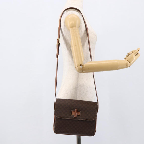 CELINE Macadam Canvas Shoulder Bag PVC Leather Brown Gold Auth LNZ062