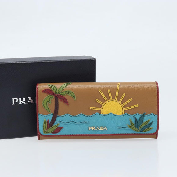 PRADA Lange Portemonnee Saffiano leer Bruin Goud Auth LNZ082M
