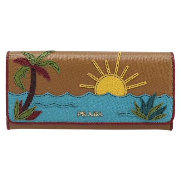 PRADA Lange Portemonnee Saffiano leer Bruin Goud Auth LNZ082M