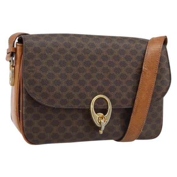 CELINE Macadam Canvas Shoulder Bag PVC Leather Brown Gold Auth LNZ086