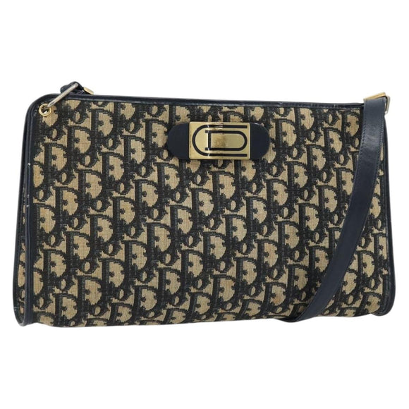 Christian Dior Trotter Canvas Shoulder Bag Navy Gold Auth LNZ096