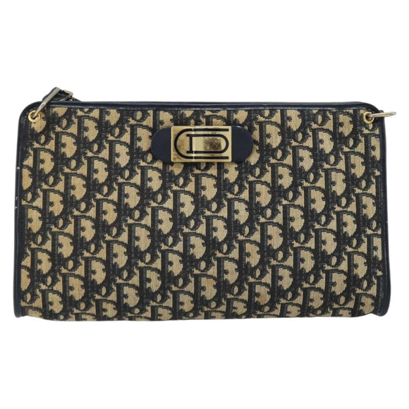 Christian Dior Trotter Canvas Shoulder Bag Navy Gold Auth LNZ096