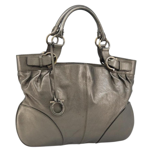 Salvatore Ferragamo Gancini Hand Bag Leather Gold Auth LNZ099