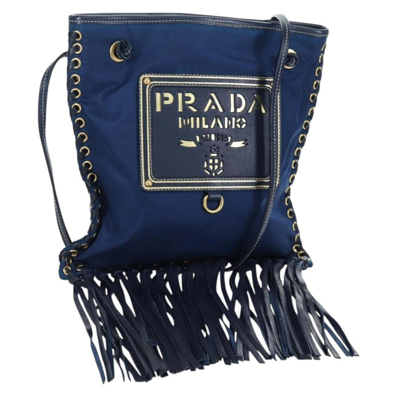 PRADA Umhängetasche Nylon Marine Gold Auth LNZ1002A
