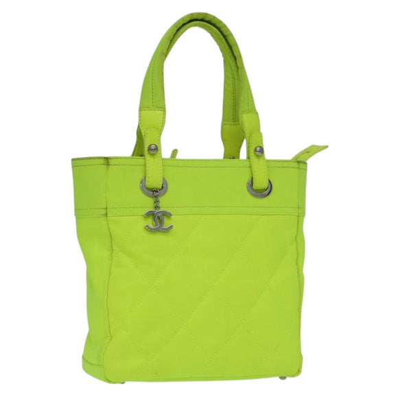 CHANEL Paris Biarritz Tote PM Tote Bag Canvas Green Neon Green CC Auth BSZ633