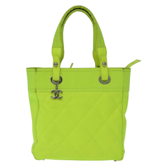 CHANEL Paris Biarritz Tote PM Tote Bag Canvas Green Neon Green CC Auth BSZ633