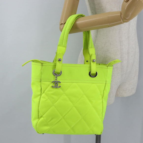 CHANEL Paris Biarritz Tote PM Tote Bag Canvas Green Neon Green CC Auth BSZ633
