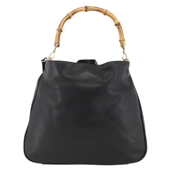 GUCCI Bamboo Shoulder Bag Leather 2way Black Gold 001 1577 Auth BSZ637