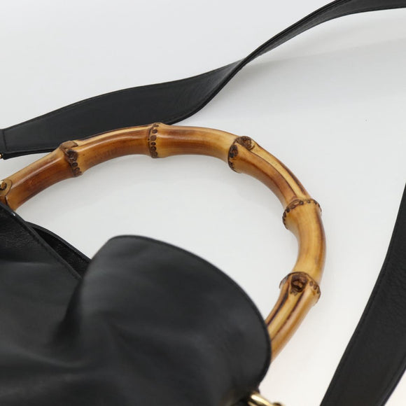 GUCCI Bamboo Shoulder Bag Leather 2way Black Gold 001 1577 Auth BSZ637