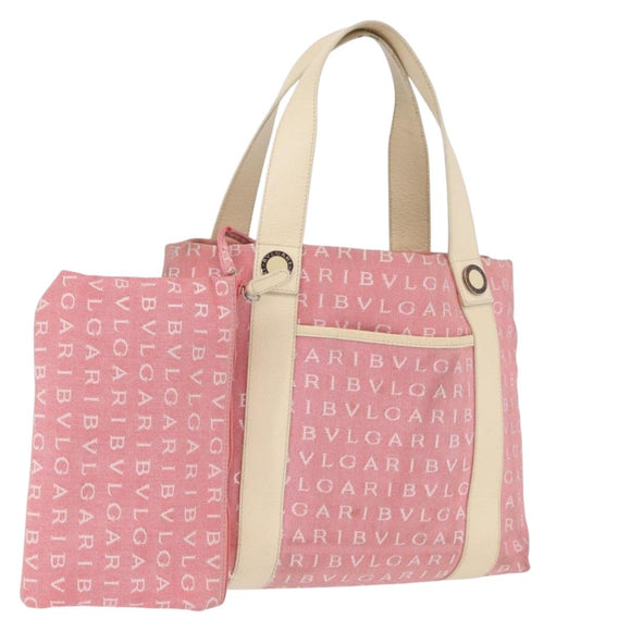 BVLGARI Logo Mania Hand Bag Canvas Pink Silver Auth BSZ642