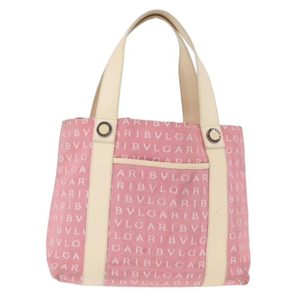 BVLGARI Logo Mania Hand Bag Canvas Pink Silver Auth BSZ642