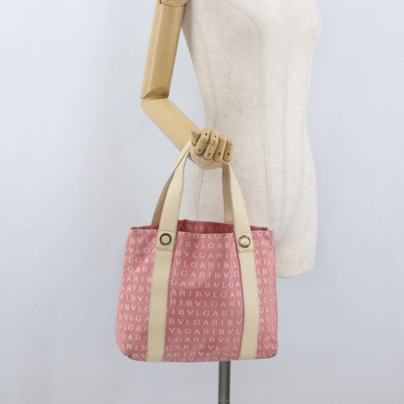 BVLGARI Logo Mania Hand Bag Canvas Pink Silver Auth BSZ642