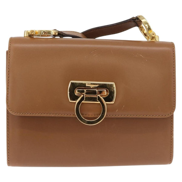 Salvatore Ferragamo Gancini Shoulder Bag Leather Beige Gold Auth BSZ647
